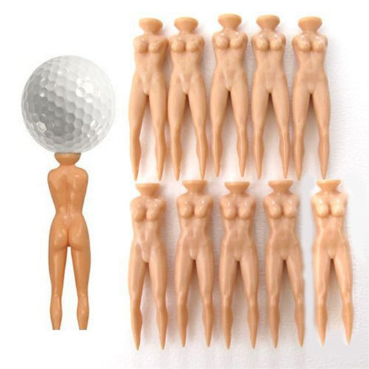 11 golfpeggar som symboliserar en skönhetsfigur varav ena har en golfboll